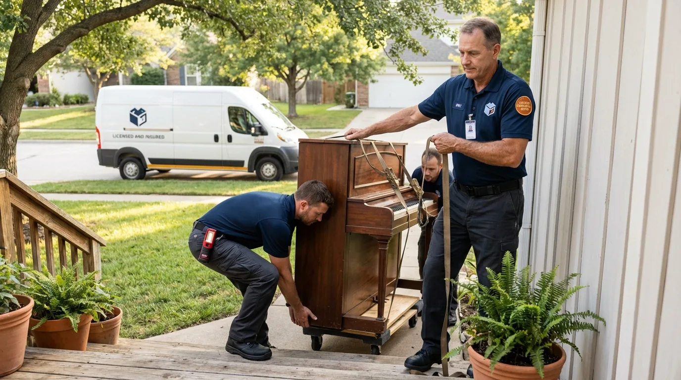 Licensed piano movers securing grand piano in Clinton, NC