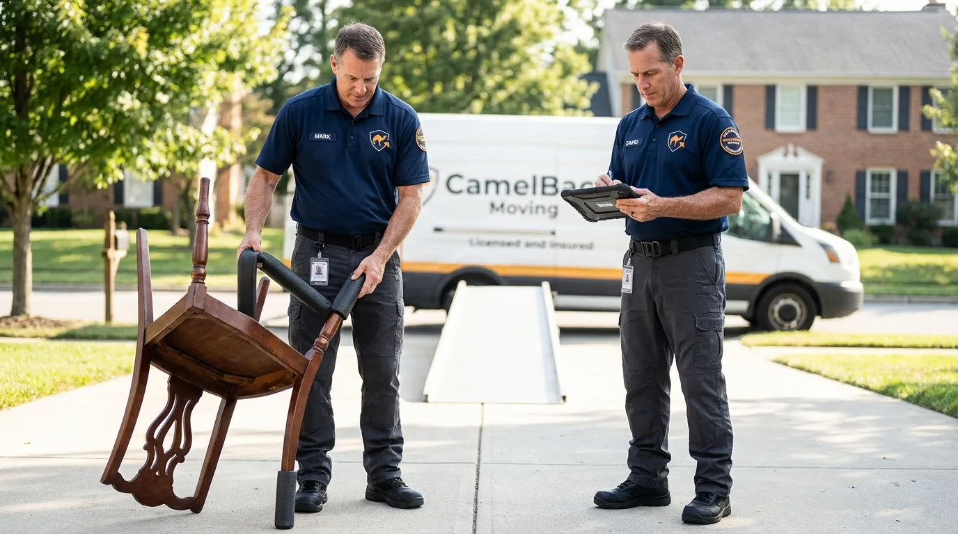 Movers inspecting furniture for damage prevention before loading in Clinton, NC