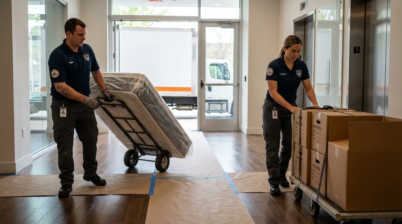 Professional apartment movers loading elevator in Clinton, NC